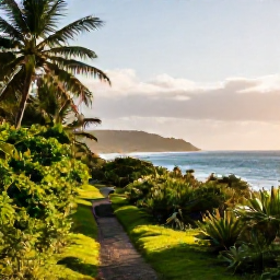 Caribbean Holidays, Puerto Rico Walking, A coastal walking trail in Puerto Rico at sunrise, with tropical greenery, blue sea and distant hills