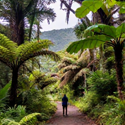 Caribbean Holidays, Puerto Rico Walking, A forest walking path through El Yunque National Forest in Puerto Rico, with lush tropical foliage, ferns and distant mountain views