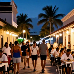 Caribbean Holidays, Puerto Rico Walking, A friendly evening scene in Puerto Rico with walkers dining outdoors near a lively plaza, warm lights and local food