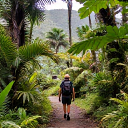 Caribbean Holidays, Puerto Rico Walking, A hiker following a green trail through the El Yunque rainforest in Puerto Rico, with palms, ferns and soft mountain light