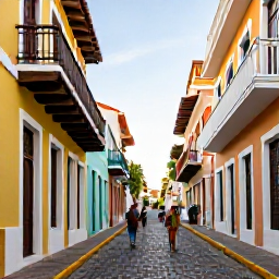 Caribbean Holidays, Puerto Rico Walking, A historic cobbled street in Old San Juan, Puerto Rico, with colourful colonial buildings, balconies and people enjoying a warm afternoon