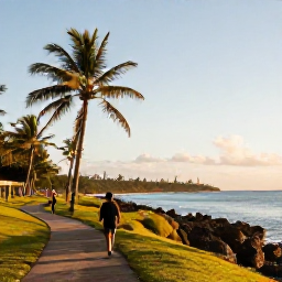 Caribbean Holidays, Puerto Rico Walking, A peaceful coastal walking route near Puerto Rico&rsquo;s beaches, with hikers, palm trees and calm blue water at golden afternoon light