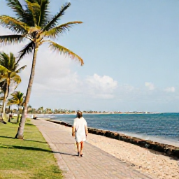 Caribbean Holidays, Puerto Rico Walking, A quiet coastal path beside a sandy beach in Puerto Rico, with palm trees, calm blue water and walkers in light clothing