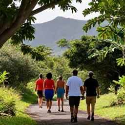 Caribbean Holidays, Puerto Rico Walking, A relaxed group of walkers enjoying a shaded tropical trail in Puerto Rico, with mountains and greenery in the background