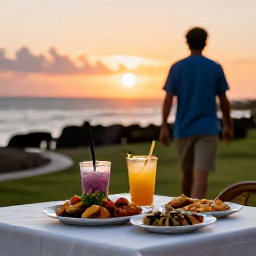 Caribbean Holidays, Puerto Rico Walking, A relaxed outdoor table with Puerto Rican food and drinks overlooking the Caribbean at sunset