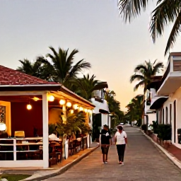 Caribbean Holidays, Puerto Rico Walking, A relaxed Puerto Rican village street with a small caf&eacute;, tropical plants and walkers enjoying an early evening atmosphere