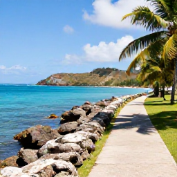 Caribbean Holidays, Puerto Rico Walking, A scenic coastal walking path beside turquoise Caribbean water in Puerto Rico, with rocky shore, palms and distant hills