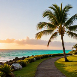 Caribbean Holidays, Puerto Rico Walking, A scenic coastal walking trail in Puerto Rico at sunrise, with palms, turquoise sea and warm October light