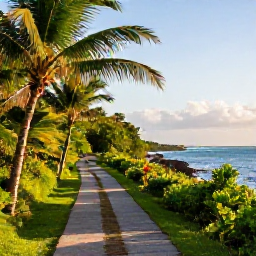 Caribbean Holidays, Puerto Rico Walking, A scenic coastal walking trail in Puerto Rico in May, with tropical greenery, blue sea and warm morning light