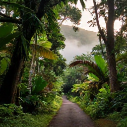 Caribbean Holidays, Puerto Rico Walking, A scenic walking trail through El Yunque National Forest in Puerto Rico, with lush tropical foliage, misty mountains and soft August morning light