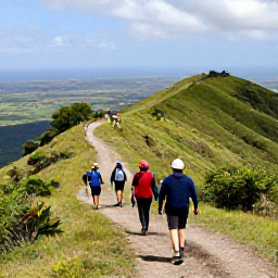 Caribbean Holidays, Puerto Rico Walking, A small group of walkers on a mountain trail in central Puerto Rico, surrounded by green hills and a distant valley