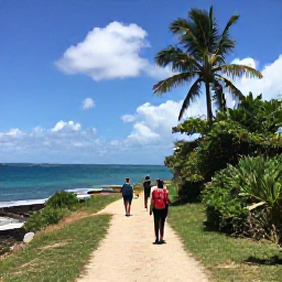 Caribbean Holidays, Puerto Rico Walking, A sunny coastal walking trail in Puerto Rico during June, with turquoise sea, palms and hikers enjoying the landscape