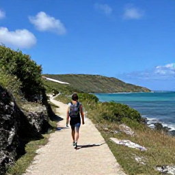 Caribbean Holidays, Puerto Rico Walking, A sunny coastal walking trail in Puerto Rico with turquoise Caribbean water, green hills and a relaxed holiday atmosphere