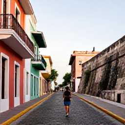 Caribbean Holidays, Puerto Rico Walking, A walker exploring the cobbled streets of Old San Juan, with colourful colonial buildings, balconies and historic city walls