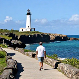 Caribbean Holidays, Puerto Rico Walking, A walker on a coastal path near Cabo Rojo, Puerto Rico, overlooking turquoise water, cliffs and a historic lighthouse