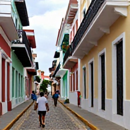 Caribbean Holidays, Puerto Rico Walking, Colourful cobbled street in Old San Juan with historic buildings, balconies and pedestrians