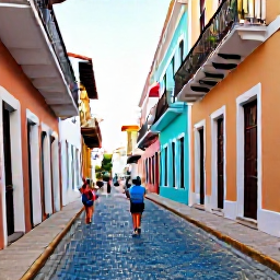 Caribbean Holidays, Puerto Rico Walking, Colourful colonial streets in Old San Juan, Puerto Rico, with blue cobblestones, historic buildings and pedestrians exploring in warm daylight
