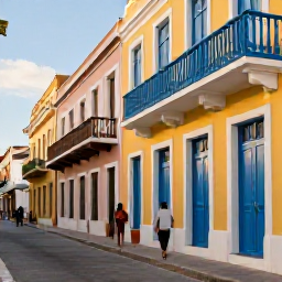 Caribbean Holidays, Puerto Rico Walking, Colourful colonial streets in Old San Juan, Puerto Rico, with blue doors, balconies and pedestrians walking in warm afternoon light