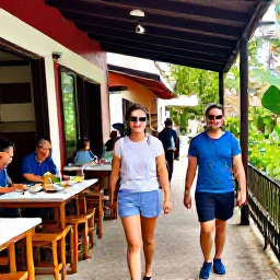 Caribbean Holidays, Puerto Rico Walking, Friendly walkers enjoying a local Puerto Rican meal at an outdoor restaurant after a day of hiking