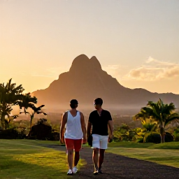 Caribbean Holidays, Puerto Rico Walking, Happy walkers enjoying a quiet viewpoint in Puerto Rico at sunset, with mountains, tropical vegetation and warm evening light