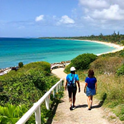 Caribbean Holidays, Puerto Rico Walking, Hikers on a coastal path overlooking turquoise Caribbean water and a sandy beach in Puerto Rico