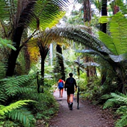Caribbean Holidays, Puerto Rico Walking, Hikers on a lush rainforest trail in El Yunque National Forest, Puerto Rico, with palms, ferns and a small waterfall