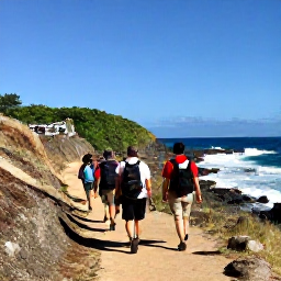 Caribbean Holidays, Puerto Rico Walking, Hikers walking along a scenic coastal trail in Puerto Rico in warm January sunshine