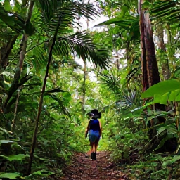 Caribbean Holidays, Puerto Rico Walking, Hikers walking beneath tall tropical trees in El Yunque National Forest, Puerto Rico, with lush foliage and a clear trail
