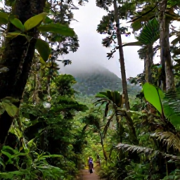 Caribbean Holidays, Puerto Rico Walking, Hikers walking beneath towering tropical trees in El Yunque National Forest, with misty mountains and lush foliage