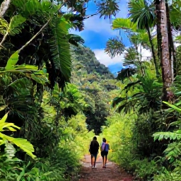 Caribbean Holidays, Puerto Rico Walking, Hikers walking beneath tropical forest in El Yunque National Forest, Puerto Rico, with lush foliage and a clear mountain path