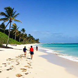 Caribbean Holidays, Puerto Rico Walking Holidays, A coastal walking route in Puerto Rico with a sandy beach, turquoise Caribbean water, palm trees and walkers enjoying the shoreline