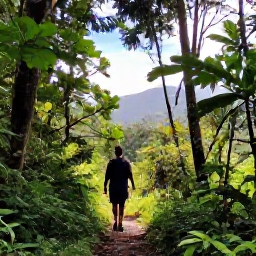 Caribbean Holidays, Puerto Rico Walking Holidays, A scenic walking trail through El Yunque National Forest in Puerto Rico, with lush tropical foliage, sunlight filtering through the canopy and distant mountain views