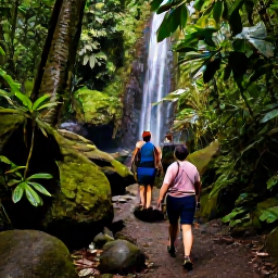 Caribbean Holidays, Puerto Rico Walking Holidays, Hikers walking along a lush Puerto Rican rainforest path towards a waterfall, with tropical plants, mossy rocks and soft natural light