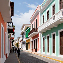 Caribbean Holidays, Puerto Rico Walking Holidays, Visitors strolling along the colourful cobbled streets of Old San Juan, Puerto Rico, with pastel colonial buildings, balconies and historic architecture