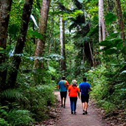 Caribbean Holidays, Puerto Rico Walking, Lush El Yunque rainforest trail with walkers, tropical plants and a small waterfall