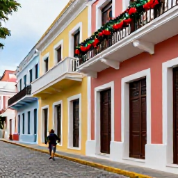 Caribbean Holidays, Puerto Rico Walking, Old San Juan street scene with colourful colonial buildings, cobbled pavement, balconies and festive December decorations