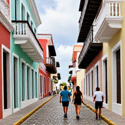 Caribbean Holidays, Puerto Rico Walking, Travellers walking through the colourful historic streets of Old San Juan, Puerto Rico, with colonial buildings, balconies and cobbled paving
