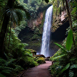 Caribbean Holidays, Puerto Rico Walking, Tropical hiking path in El Yunque National Forest, Puerto Rico, beside a rushing waterfall and dense emerald rainforest