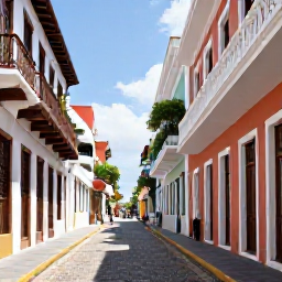 Caribbean Holidays, Puerto Rico Walking, Visitors strolling through the colourful cobbled streets of Old San Juan, Puerto Rico, with historic buildings and balconies