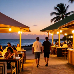 Caribbean Holidays, Puerto Rico Walking, Walkers enjoying a relaxed evening at a Puerto Rican seaside restaurant, with local food, warm lights and a sunset sky