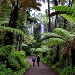 Caribbean Holidays, Puerto Rico Walking, Walkers exploring a shaded rainforest path in El Yunque National Forest, with ferns, palm trees and a small waterfall