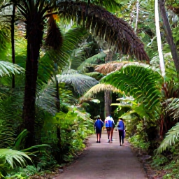 Caribbean Holidays, Puerto Rico Walking, Walkers exploring a shaded rainforest trail in El Yunque National Forest, Puerto Rico, with lush ferns and tropical trees