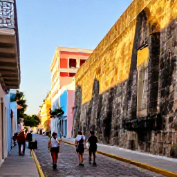 Caribbean Holidays, Puerto Rico Walking, Walkers exploring the colourful streets and historic stone walls of Old San Juan in Puerto Rico during warm afternoon light