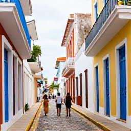 Caribbean Holidays, Puerto Rico Walking, Walkers exploring the colourful streets of Old San Juan, Puerto Rico, with colonial buildings, blue doors and cobbled lanes