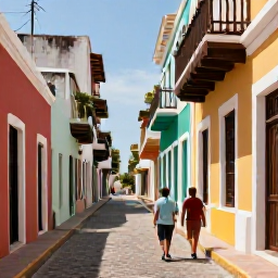Caribbean Holidays, Puerto Rico Walking, Walkers exploring the historic cobbled streets and colourful Spanish colonial buildings of Old San Juan, Puerto Rico, in warm June sunshine