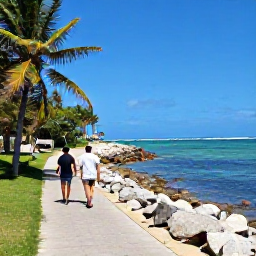 Caribbean Holidays, Puerto Rico Walking, Walkers following a coastal path beside a quiet Puerto Rican beach, with palms, rocky shoreline and clear blue water
