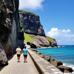 Caribbean Holidays, Puerto Rico Walking, Walkers following a coastal path beside dramatic cliffs and clear Caribbean water near Cabo Rojo, Puerto Rico