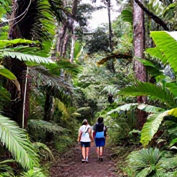 Caribbean Holidays, Puerto Rico Walking, Walkers following a shaded rainforest trail in El Yunque National Forest, Puerto Rico, surrounded by lush tropical plants and tall trees