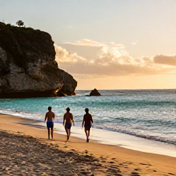 Caribbean Holidays, Puerto Rico Walking, Walkers on a quiet sandy beach near Cabo Rojo in Puerto Rico at sunset, with turquoise water, coastal cliffs and warm golden light