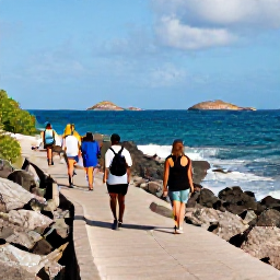 Caribbean Holidays, Puerto Rico Walking, Walkers on a scenic coastal path near Fajardo, Puerto Rico, with rocky shoreline, blue sea and distant offshore islands
